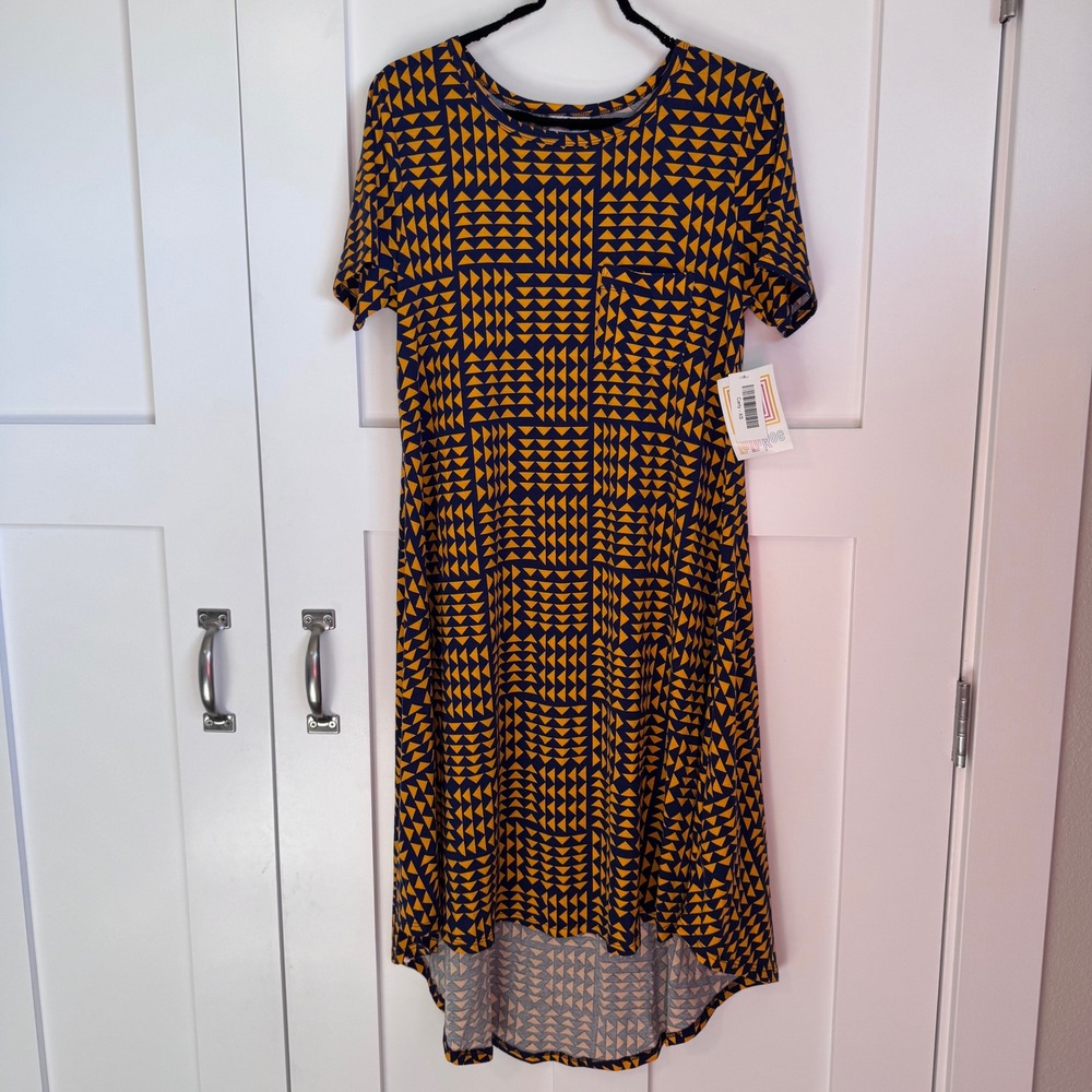 NTW LuLaRoe Carly Women's Dress Size XS Yellow Blue Hi Low Hem Chest Pocket New